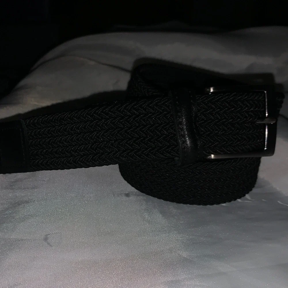 Mens Black Braided Elastic Stretch Belt Leather Trim Silver Buckle Size‎ 40 14